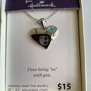 Hallmark Silver Stainless Steel I Love Us Blue Crystal Heart Necklace New In Box